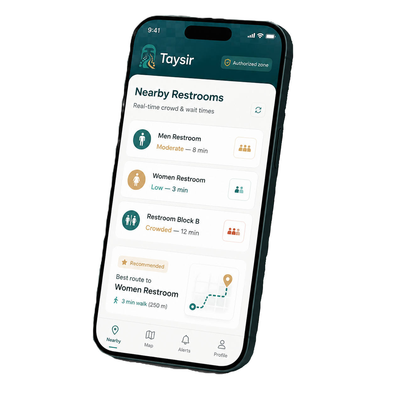 Taysir pilgrim mobile app showing nearby restroom wait times
