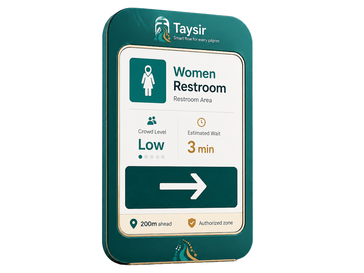 Taysir restroom direction signage showing low crowd level and estimated wait