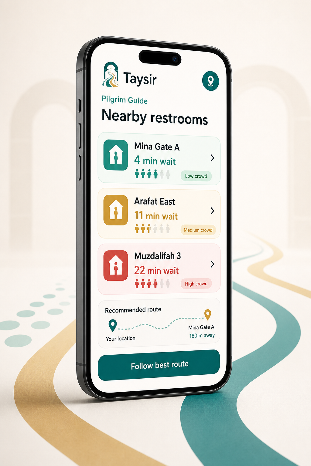 Taysir pilgrim guide mobile app mockup showing nearby restroom wait times